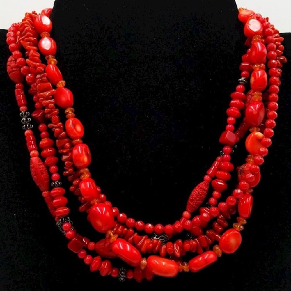 925 Silver Multi Strands Red Coral Beads Necklace